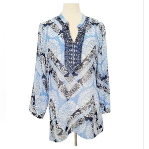 Peck & Peck Women's Blouse Size M Blue White Paisley Tunic Top Boho Embroidered